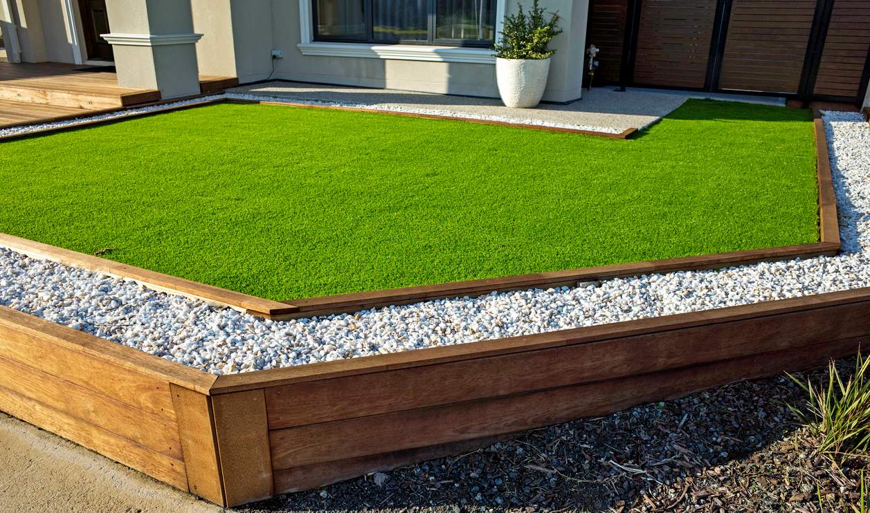 Artificial,Grass,Lawn,Turf,With,Wooden,Edging,In,The,Front